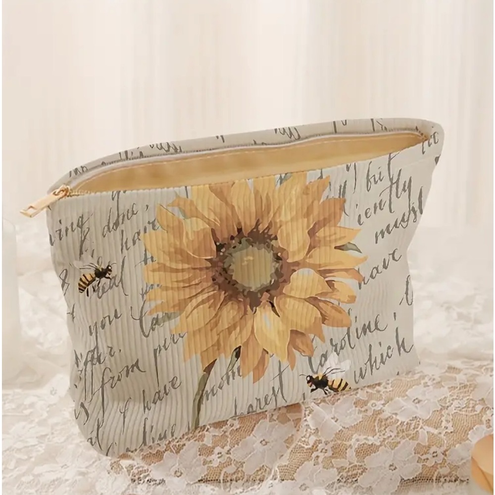 Large Sunflower Print Corduroy Cosmetic Bag